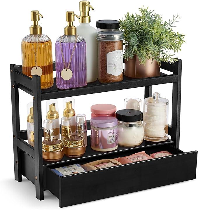 Sorbus Bamboo Bathroom Counter Organizer – 2-Tier Shelf with Hidden Drawer for Vanity, Matcha Station, Bathroom Sink Organizer Countertop, Kitchen & Office Storage (17″ L x 6.5″ W x 12.6″ H) (Black) - ModernBath