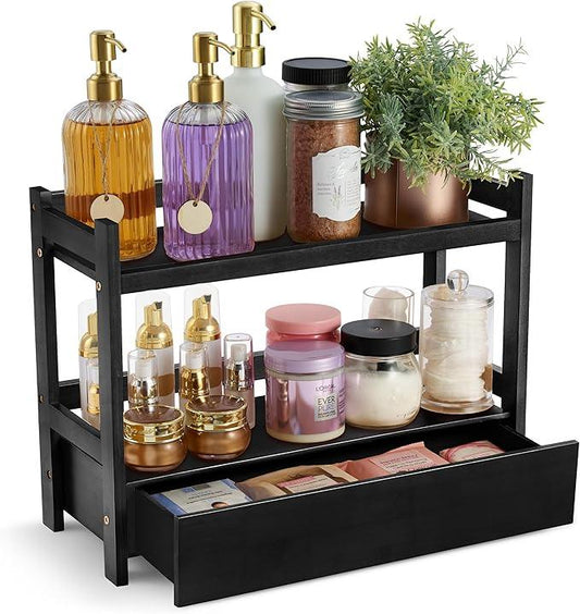 Sorbus Bamboo Bathroom Counter Organizer – 2-Tier Shelf with Hidden Drawer for Vanity, Matcha Station, Bathroom Sink Organizer Countertop, Kitchen & Office Storage (17″ L x 6.5″ W x 12.6″ H) (Black) - ModernBath