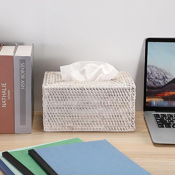 Sumnacon Tissue Box Cover Large Rectangle Tissue Box Rattan Tissue Box Holder,Wicker Decorative Tissue Holder for Bathroom Toilet Living Room Kitchen Office Table Desk,Whitewash - ModernBath