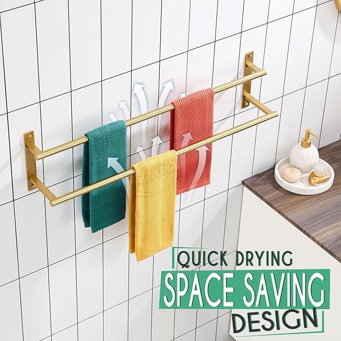 KOKOSIRI 32 Inch Bathroom Towel Racks Double Towel Bar Bath Towel Holder Towel Hanger Towel Shelf Wall Mount Stainless Steel Brushed Gold B5010BG-L32 - ModernBath