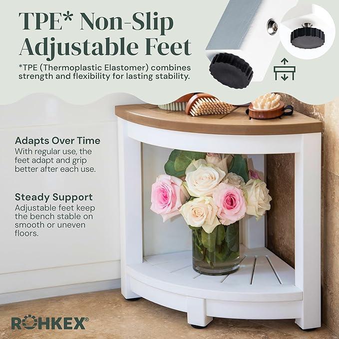 ROHKEX Waterproof Corner Shower Stool - Pack of 1, White & Brown - Stable Shaving Stool for Legs - Easy Assembly Plastic Shower Bench Seat - Non-Slip Feet, Gifts Idea for Home, Corner Bench Seat - ModernBath