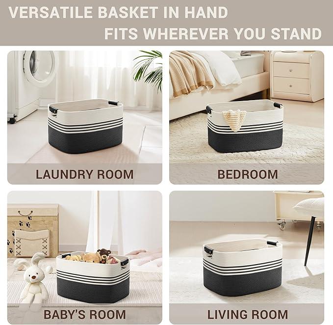 45L Small Laundry Basket with Leather Handles for Living Room Storage, Woven Rope Baskets Bin for Blanket, Kids Toy, Gifts, Wicker Hamper for Bedroom Dirty Clothes, 18"x14"x11" White Black - ModernBath