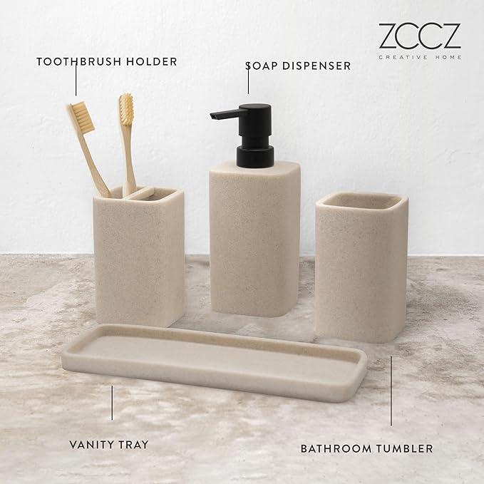 ZCCZ Black Bathroom Accessory Sets, 4 Pieces Bathroom Accessories Complete Set Vanity Countertop Accessory Set Marble Look, Includes Lotion Dispenser Soap Pump, Tumbler, Toothbrush Holder and Tray - ModernBath