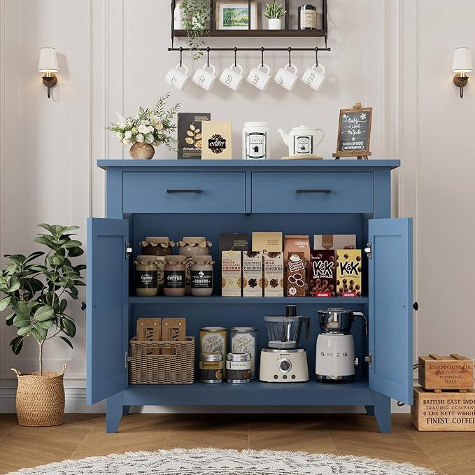 HORSTORS Kitchen Storage Cabinet, Modern Farmhouse Buffet Cabinet with Storage, Coffee Bar with 2 Drawers and 2 Doors, Floor Sideboard Buffet for Living Room, Dining Room, Bathroom, Blue - ModernBath