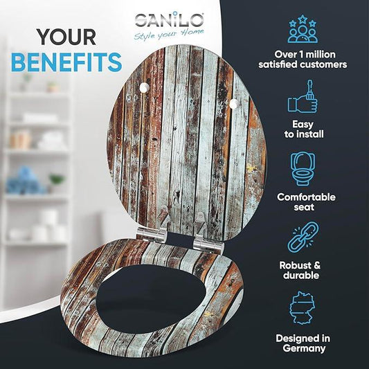 SANILO Wooden Toilet Seat with Soft Close [ELONGATED] - Decorative, Quiet & Slow Close Molded Wood Seat - With Strong Bumpers & Hinges - Adjustable Fit - Antique - ModernBath