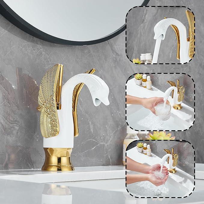 GGStudy Bathroom Faucet White Mixed Gold Swan Single Handle 1 Hole Bathroom Vanity Faucet Basin Tap Deck Mount Lavatory - ModernBath