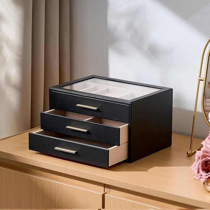 pickpiff Jewelry Box Organizer Case for Women: 3-Layer Jewelry Storage Case with Glass Window, Black Leather with Blush Velvet, Holder for Ring Necklace Bracelet Brooch Watch, Great Gift for Her - ModernBath