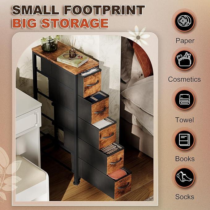 Narrow Dresser Storage Tower with 5 Drawers, Slim Dresser Chest of Drawers with Steel Frame, Wood Top, Dresser for Bedroom, Bathroom, Small Spaces, Laundry, Closet, Rustic Brown - ModernBath