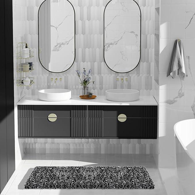 Yimobra Black and White Bathroom Rugs, Luxury Fluffy Bath Mats, Non Slip, Water Absorbent Microfiber, Machine Washable, Plush Runner Carpet Shower Rugs, Thick Matts for Bathroom Floor&Tub, 44"x 24" - ModernBath