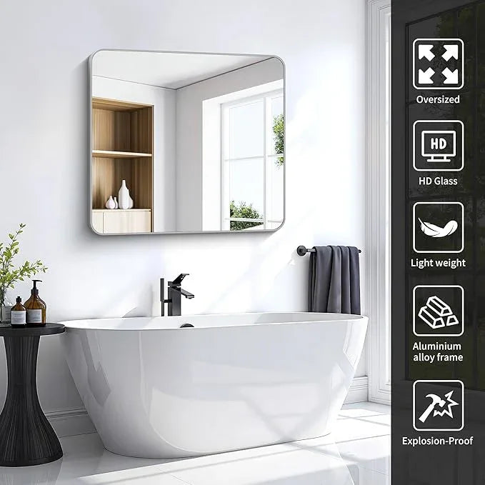 CIVENO 36x40 Inch Silver Bathroom Mirror, Metal Framed Silver Rectangle Mirrors, Rounded Rectangular Vanity Mirror, Wall Mounted Mirrors for Living Room Bedroom Entryway Hangs Horizontal or Vertical - ModernBath
