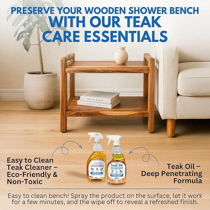 EcoDecors Eleganto 24 Inch Natural Color Waterproof Teak Wood Shower Bench Stool Seat Chair For Inside Shower Provides Safety, Storage, and Organization For Bathroom Accessories - ModernBath