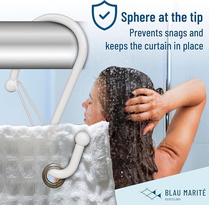 Blau Marité 12 Decorative Metal Shower Curtain Hooks, S-Shaped Hooks with Anti-Fall System, Rust-Proof Shower Rings with Safety Buckle, Fits Rods Up to 1-Inch Diameter (S, White) - ModernBath