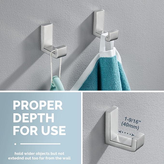 Angle Simple Bathroom Towel Hooks, SUS 304 Stainless Steel Compact Robe Coat Hooks for Wall, Brushed Nickel, 2 Pack - ModernBath