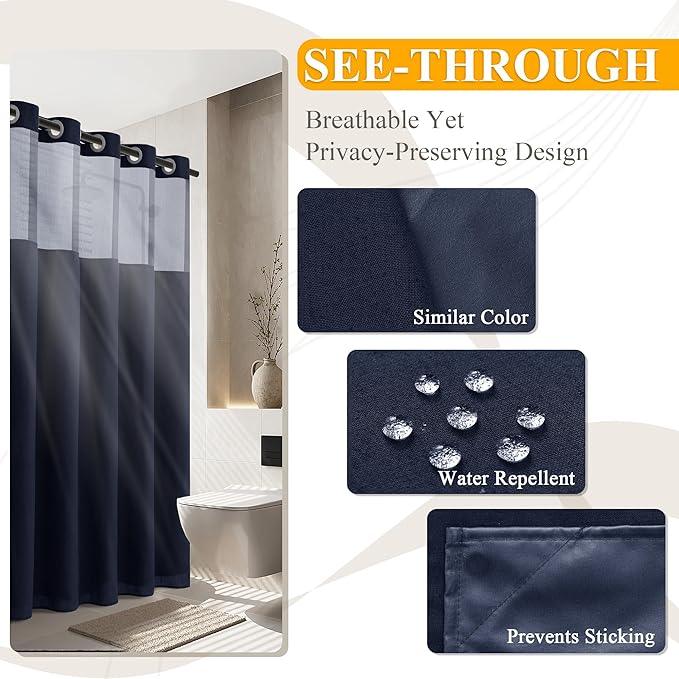 Jowels No Hooks Needed Linen Shower Curtain and Liner Set,Navy Blue Hotel Luxury Decor Shower Curtains for Bathroom with See Through Top Window,Water Resistant Fabric,72Wx72L,Navy Blue - ModernBath