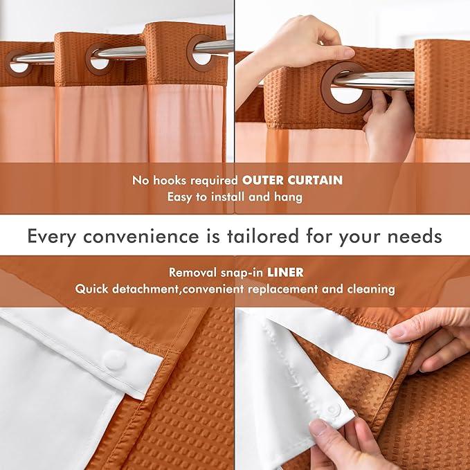 Mrs Awesome No Hook Shower Curtain with Snap-in Liner, Embossed Waffle Design Fabric Shower Curtain for Bathroom, Soft & Lightweight, 71x74, Taerracotta - ModernBath