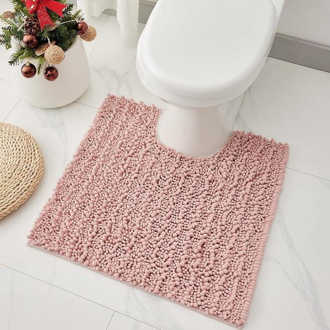Ruggnovea Toilet Rugs U-Shaped Mat 24x24, Contour Bathroom Mat - Ultra Soft & Absorbent Chenille, Quick-Dry, Machine Washable with Non Slip Barrier Backing, Pink - ModernBath
