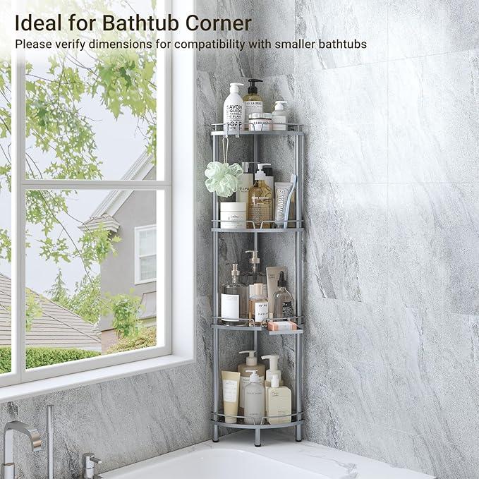 ELYKEN Corner Shower Caddy Standing, 4 Tier Rustproof Metal Shower Organizer with Soap Holder, Floor Shower Corner Shelf Rack Storage Stands with Adjustable Feet & 2 Hooks for Bathroom, Silver - ModernBath
