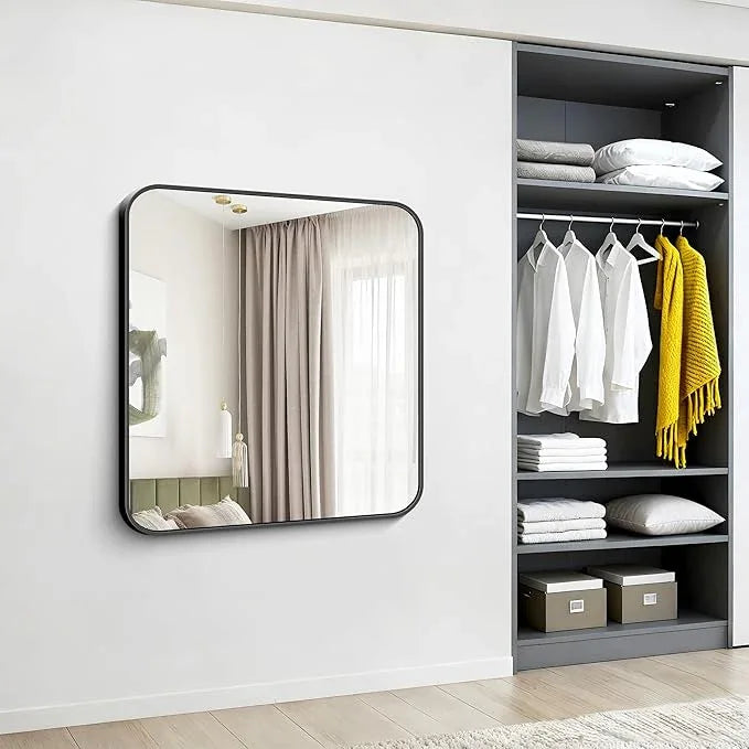 CIVENO Black Bathroom Mirror, 38x40 inch Aluminum Metal Frame Rectangular Vanity Mirror, Large Wall Mounted Rectangle Mirrors with Rounded Corner for Over Sink Bedroom Living Room Horizontal/Vertical - ModernBath