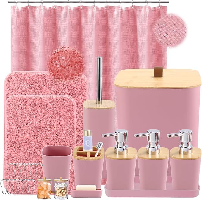 XLHOMO Bathroom Sets with Shower Curtain and Rugs, 27PCS Pink Bathroom Accessories Set with Trash Can, Pink Shower Curtain Set, No Slip Super Absorbent Bathroom Rugs - ModernBath