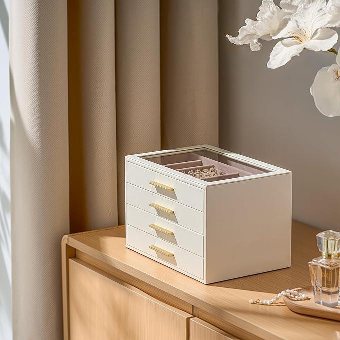 pickpiff Jewelry Box Organizer Case for Women: 4-Layer Jewelry Storage Case with Glass Window, Ivory Leather with Pink Velvet, Holder for Ring Necklace Bracelet Brooch Watch, Great Gift for Her - ModernBath