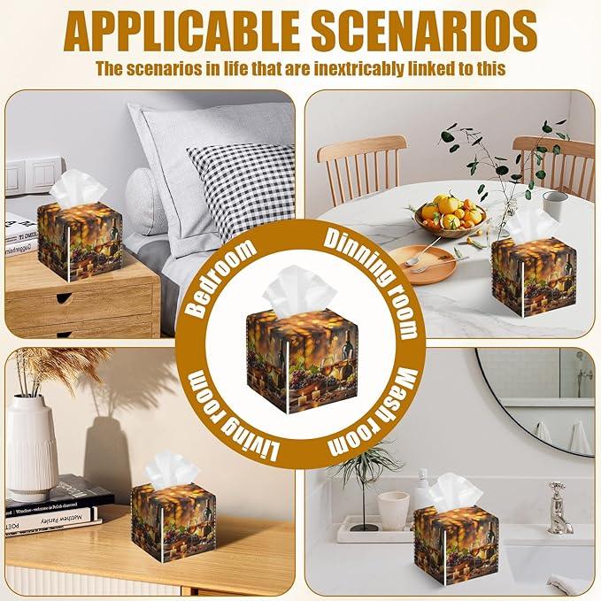 Vintage Wine Glass Tissue Box Cover 2PCS, Leather Tissue Box Holder Square Facial Paper Case Tissue Box Cube Organizer for Bathroom Bedroom Desk Office - ModernBath