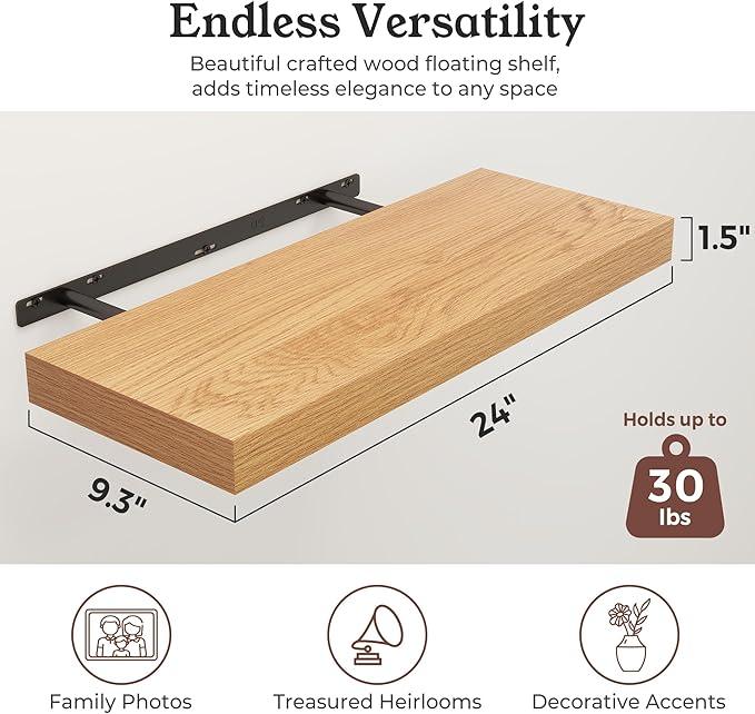 Floating Shelves for Wall, Wall Mounted Rustic Wood Shelves for Bathroom, Bedroom, Living Room, Kitchen, Hanging Shelf for Books/Storage/Room Decor (Oak, 24") - ModernBath