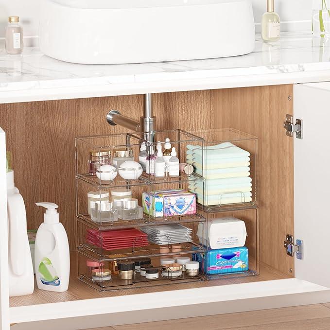 Vtopmart Stackable Storage Drawers Set of 8, Clear Plastic Organizer Bins for Bathroom Supplies,Ideal for Cabinet,Pantry,Laundry Room Organization - ModernBath