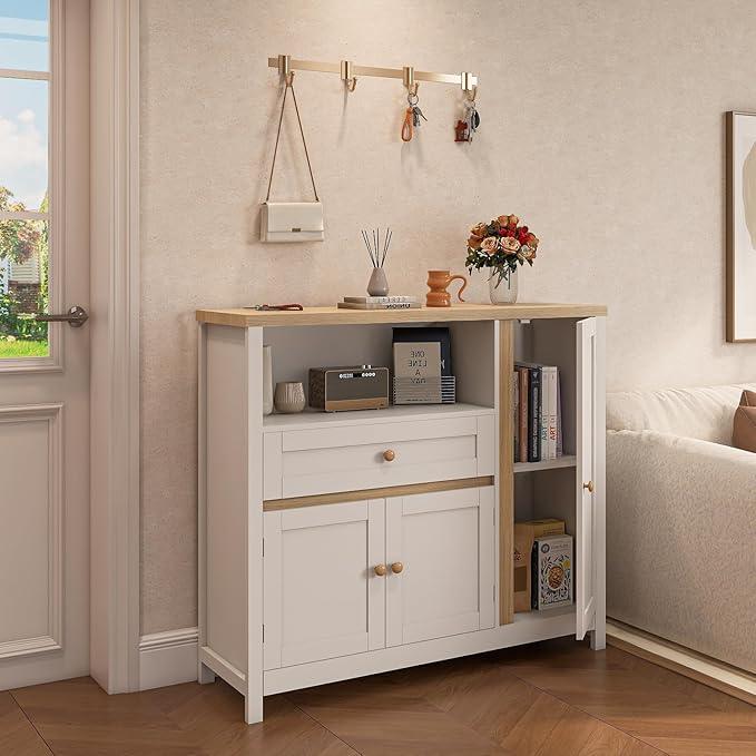 Storage Cabinet with Doors and Drawers,Kitchen Storage Cabinets，with Drawer and Adjustable Shelf（White） - ModernBath