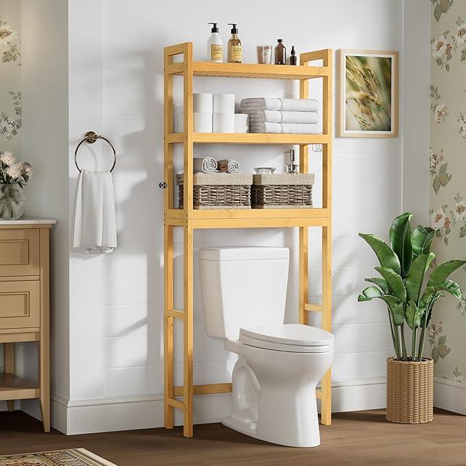 Smiry Over The Toilet Storage Cabinet, 3-Tier Bamboo Bathroom Organizers with Adjustable Shelf & 4 Hooks, Space Saving Shelf Rack for Bathrooms, Laundry Room, Balcony, Natural - ModernBath