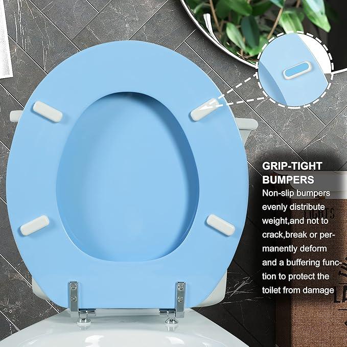 Blue Round Toilet Seat Natural Wood Toilet Seat with Zinc Alloy Hinges, Easy to Install also Easy to Clean, Scratch Resistant Toilet Seat by Angol Shiold (Round, Blue) - ModernBath