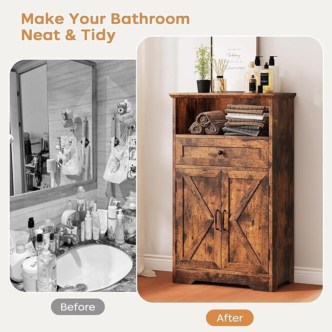 Floor Cabinet, Farmhouse Storage Cabinet with Barn Doors and Drawer, 11.81" D x 23.62" W x 39.37" H Rustic Brown Freestanding Adjustable Shelf Organizer for Bathroom, Kitchen, Living Room - ModernBath