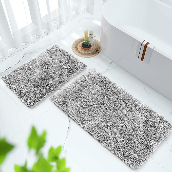 Yimobra Bathroom Rug Set 2 Piece, Luxury Shaggy Bath Mat Set with Non Slip Backing, Ultra Soft & Absorbent Mats for Bathroom Floor, Machine Washable, 44"x24"+24"x17", Light Grey - ModernBath