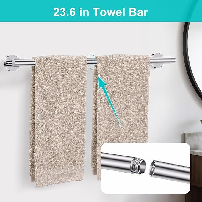 5 Pieces Polished Chrome Round Towel Bar Set Bathroom Hardware Accessories Set Upgraded Toilet Paper Holder Towel Racks Set for Bathroom Stainless Steel Wall Mounted 23.6 in - ModernBath