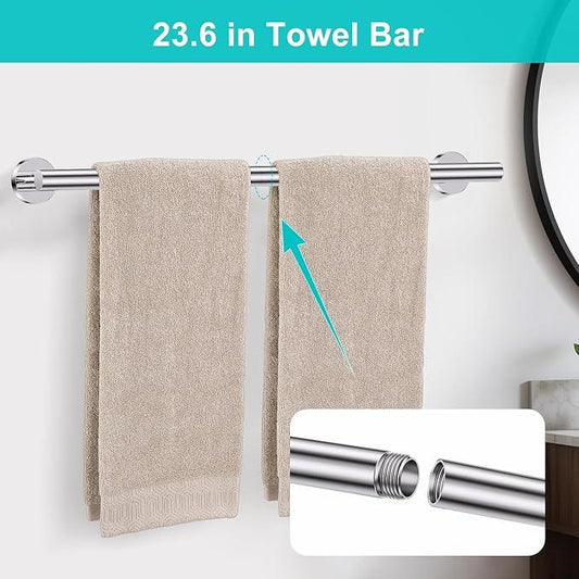5 Pieces Polished Chrome Round Towel Bar Set Bathroom Hardware Accessories Set Upgraded Toilet Paper Holder Towel Racks Set for Bathroom Stainless Steel Wall Mounted 23.6 in - ModernBath