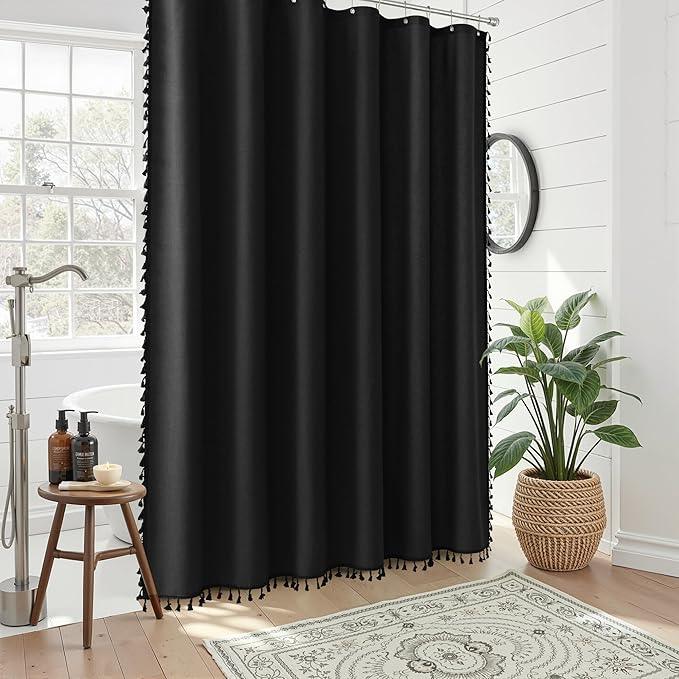 Nanspring Black Boho Linen Shower Curtain 78 Inch Long Luxury Style Chic Weighted Tassel Bohemian Fabric Shower Curtain Set with Hooks Modern Vintage Country Decor for Bathroom Water Repellent 72x78 - ModernBath