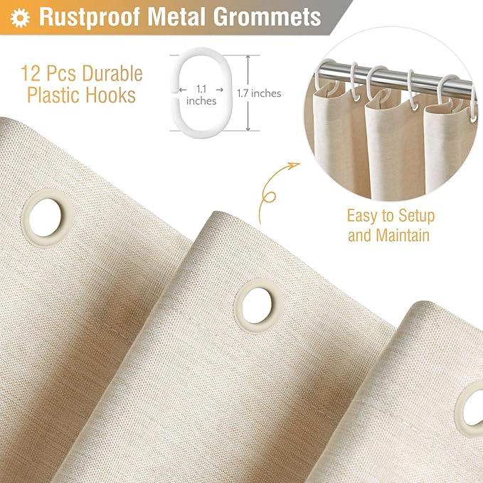 BTTN Fabric Shower Curtain, Linen Textured Heavy Duty Polyester Cloth Shower Curtain Set with 12 Plastic Hooks, Hotel Luxury Waterproof Decorative Shower Curtains for Bathroom - 72"x72" - Beige/Cream - ModernBath
