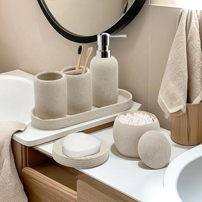 Bathroom Accessory Set, 6PCS Beige Bathroom Accessories - Soap Dish, Lotion Dispenser, Toothbrush Holder, Mouthwash Cup, Tray, Cotton Ball Jar, Aesthetic Decor Bathroom Sets - ModernBath