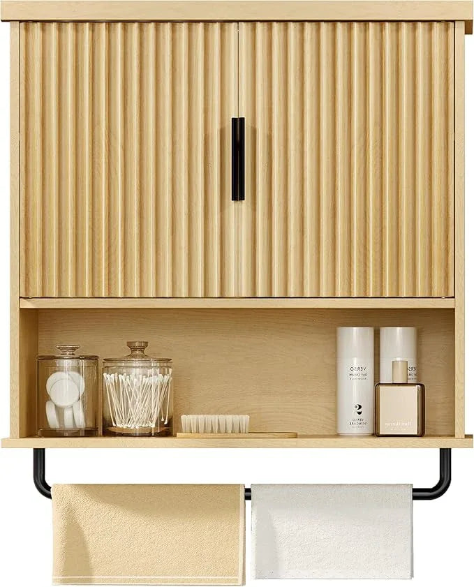 VASAGLE MAXE Collection - Bathroom Cabinet Wall Mounted, Over Toilet Hanging Cabinet with Adjustable Shelf, Towel Bar, Fluted Doors, 7.9 x 23.6 x 28.7 Inches, Transitional, Oak Beige UBBK135Y01S - ModernBath