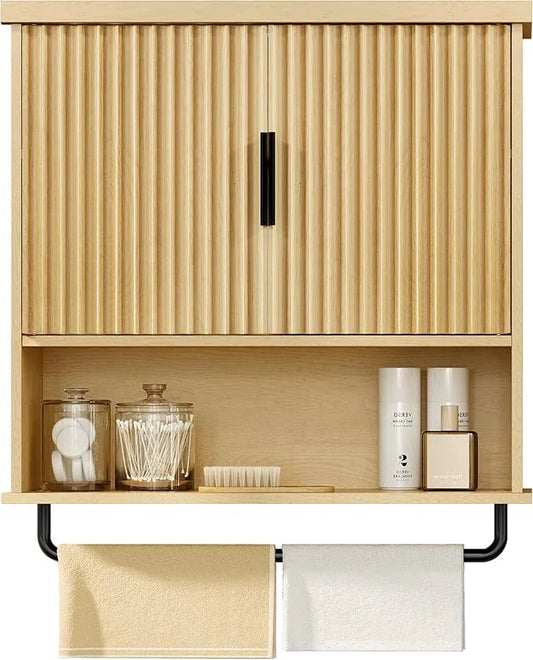 VASAGLE MAXE Collection - Bathroom Cabinet Wall Mounted, Over Toilet Hanging Cabinet with Adjustable Shelf, Towel Bar, Fluted Doors, 7.9 x 23.6 x 28.7 Inches, Transitional, Oak Beige UBBK135Y01S - ModernBath