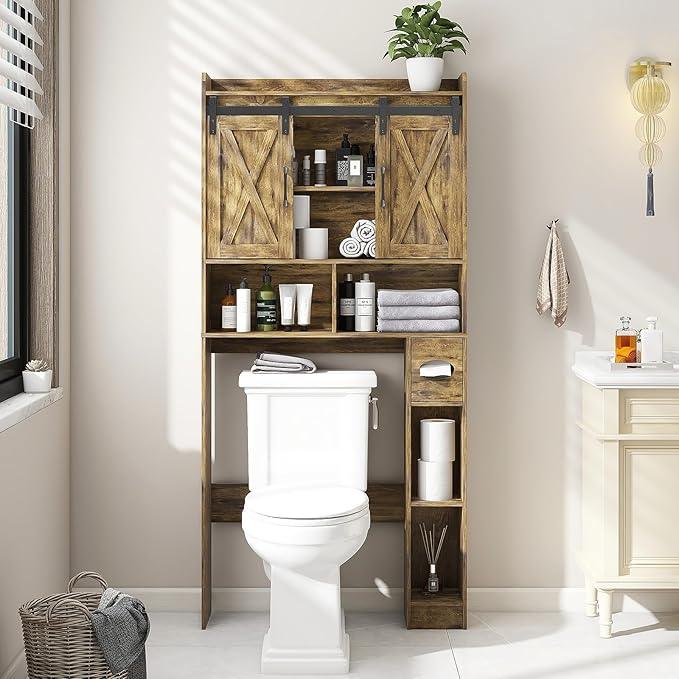 Vabches Over The Toilet Storage Cabinet, Farmhouse Storage Cabinet Over Toilet with Sliding Doors & Toilet Paper Holder Stand，Home Space-Saving Toilet Rack, for Bathroom, Restroom, Laundry - ModernBath