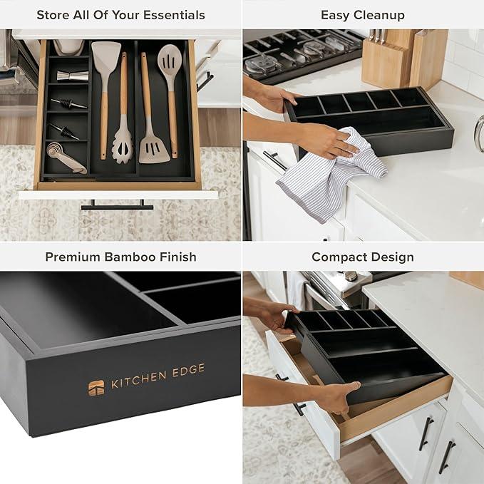 KitchenEdge Adjustable Kitchen Drawer Organizer for Utensils and Junk, Food-Safe Contract Grade with 100% Sustainable Wood, Expandable from 10.5 to 19 Inches Wide - Black Bamboo - ModernBath
