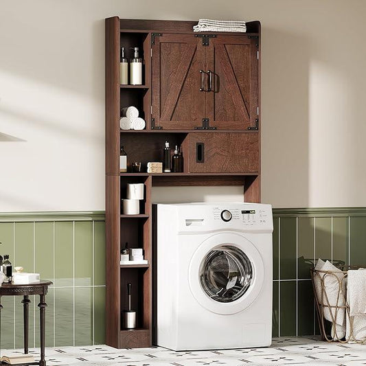 ChooChoo Over The Toilet Storage Cabinet, Farmhouse Bathroom Storage Cabinet with Sliding Door, Over Toilet Storage with Adjustable Shelves, Space-Saving, Walnut - ModernBath