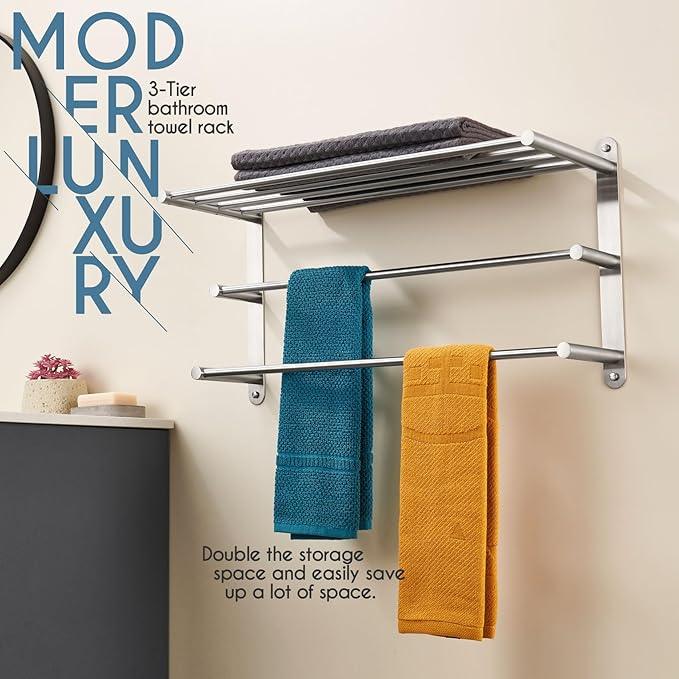 KOKOSIRI 3 Tier Bath Towel Bar 24 Inch Wall Mounting Rack with Towel Bars Towel Shelf with Single Towel Bar Bathroom Ladder, Brushed Steel, B5003BR - ModernBath