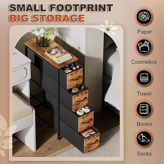 Narrow Dresser Storage Tower with 4 Drawers, Slim Dresser Chest of Drawers with Steel Frame, Wood Top, Dresser for Bedroom, Bathroom, Small Spaces, Laundry, Closet (Rustic Brown) - ModernBath