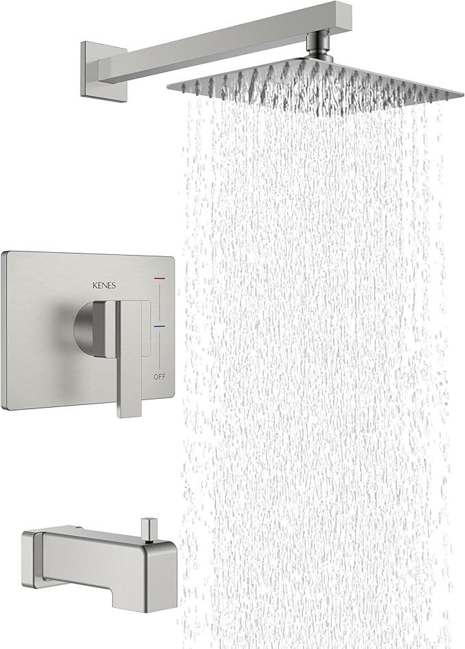 KENES Brushed Nickel Tub Shower Faucet Set Complete, Tub and Shower Trim Kit with 10-Inch Rain Shower Head, Square Shower System, KE-6024A (Shower Valve Included) - ModernBath