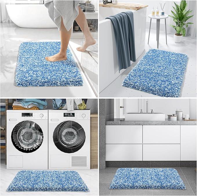 Yimobra Bath Rugs for Bathroom 32x20, Ultra Soft and Water Absorbent Bath Mats, Non Slip Plush Shower Mat Outside, Microfiber Thick Matts for Bathroom Floor/Tub, Machine Washable, Blue and White - ModernBath
