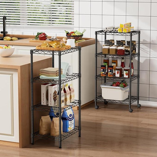 Small 4 Tier Shelves Storage Wire Shelving Unit Metal Shelf Adjustable Organizers Storage Shelving with Wheels for Bathroom Laundry Room Kitchen Pantry12”D x 18”W x 44.8”H Black - ModernBath