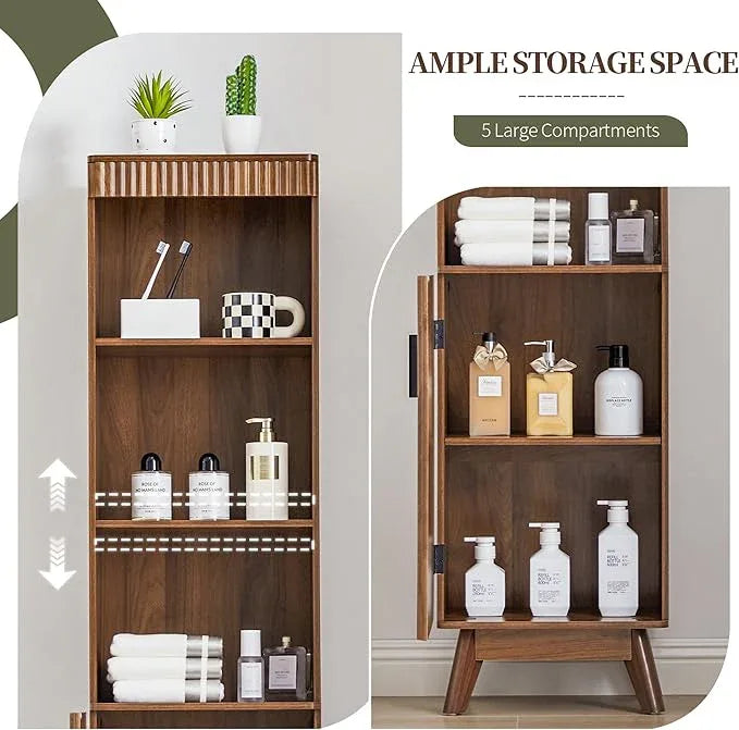 68" Tall Bathroom Storage Cabinet,Narrow Fluted Tower Cabinet with Door and Shelves,Slim Space Saving Storage Unit for Bathroom Kitchen Living Room (Walnut, 11.8" D x 15.75" W x 68" H) - ModernBath