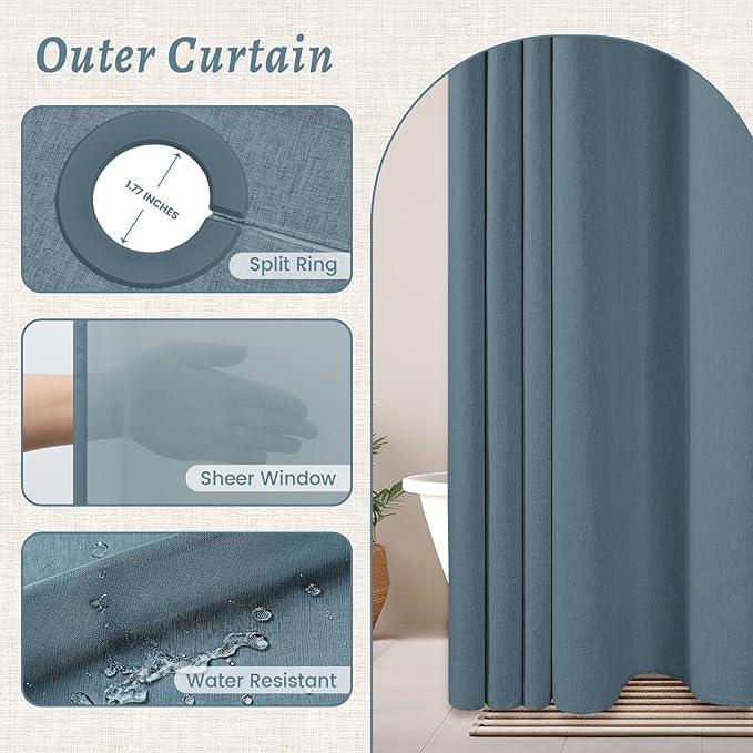 WONICY Extra Long No Hook Shower Curtain with Snap in Liner, Polyester Textured Shower Curtain with Liner Set, Waterproof Washable Hotel Style Shower Curtains for Bathroom, 71Wx86H, Blue Grey - ModernBath