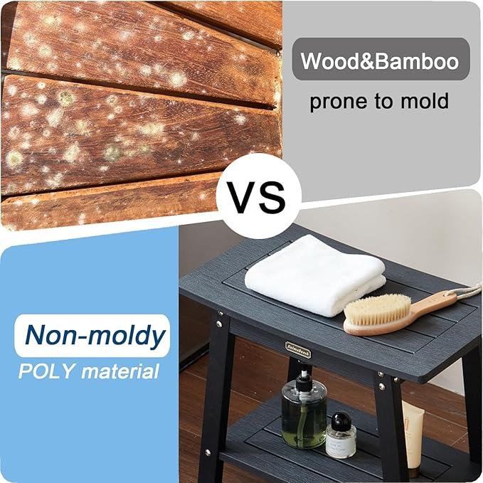 Large HDPS Shower Stool, Shower Bench for Inside to Sit On, Waterproof Bathroom Chair Seat for Shaving Legs, Foot Rest Stool with Storage Shelf, Non-Slip & No Maintenance, Black - ModernBath